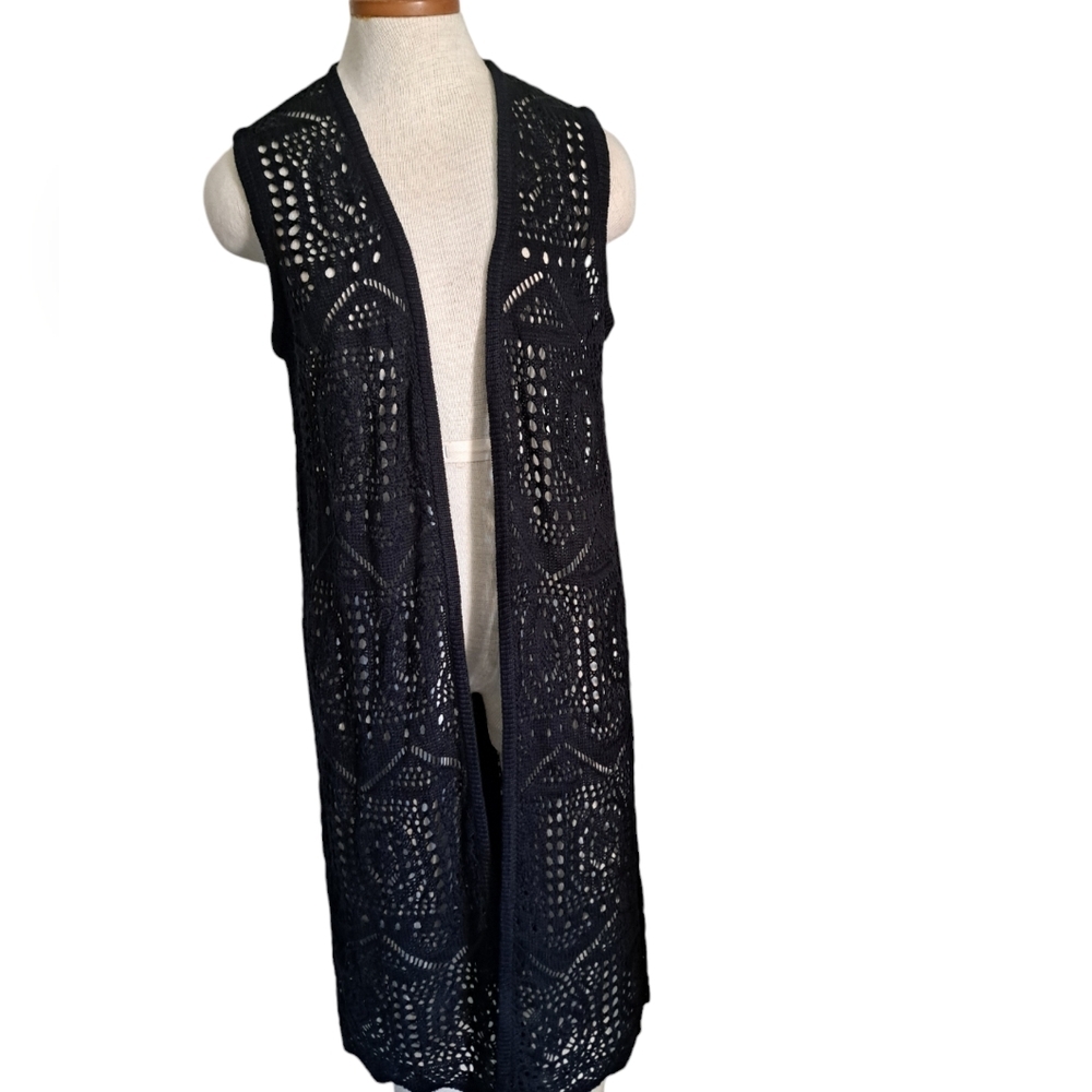 CHELSEA & THEODORE long knit duster black knit open front BOHO sleeveless Vest M